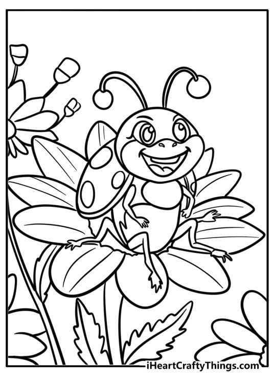 Smiling ladybug in a garden free coloring page