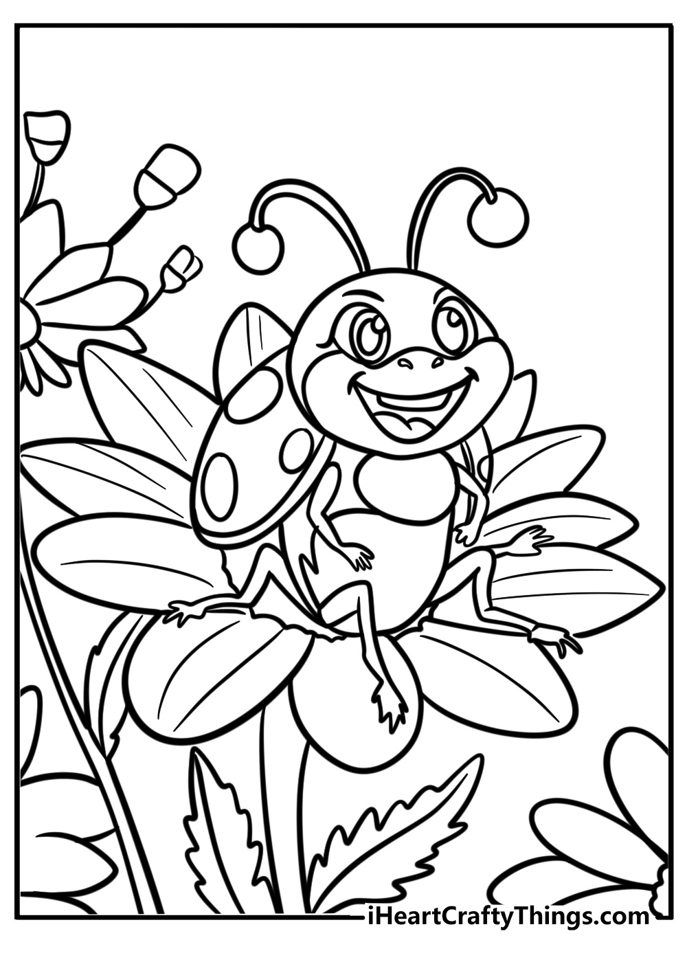 Smiling ladybug in a garden free coloring page