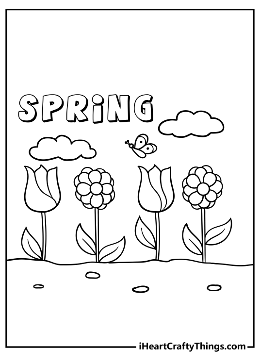 Coloring card showing word spring written in a big bold font with some spring flowers and a butterfly underneath it