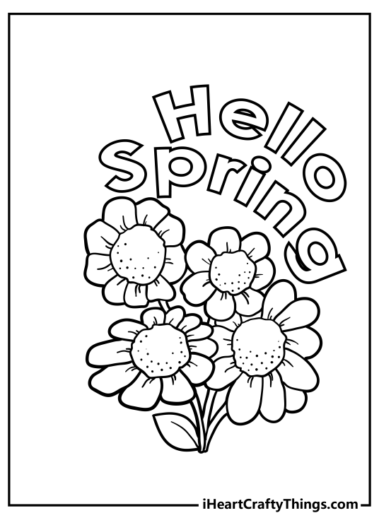Coloring image for kids presenting phrase Hello Spring and a bouquet of flowers under it