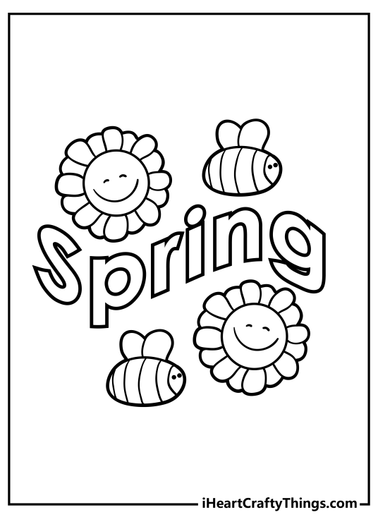 Picture presenting word Spring surrounded by two smiling flowers and a pair of cute bees