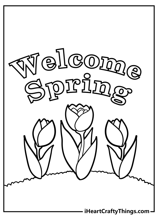 Coloring poster presenting Welcome Spring phrase and three tulips underneath it