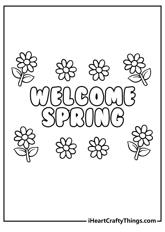 Coloring card presenting phrase welcome Spring in the centre surrounded by flowers