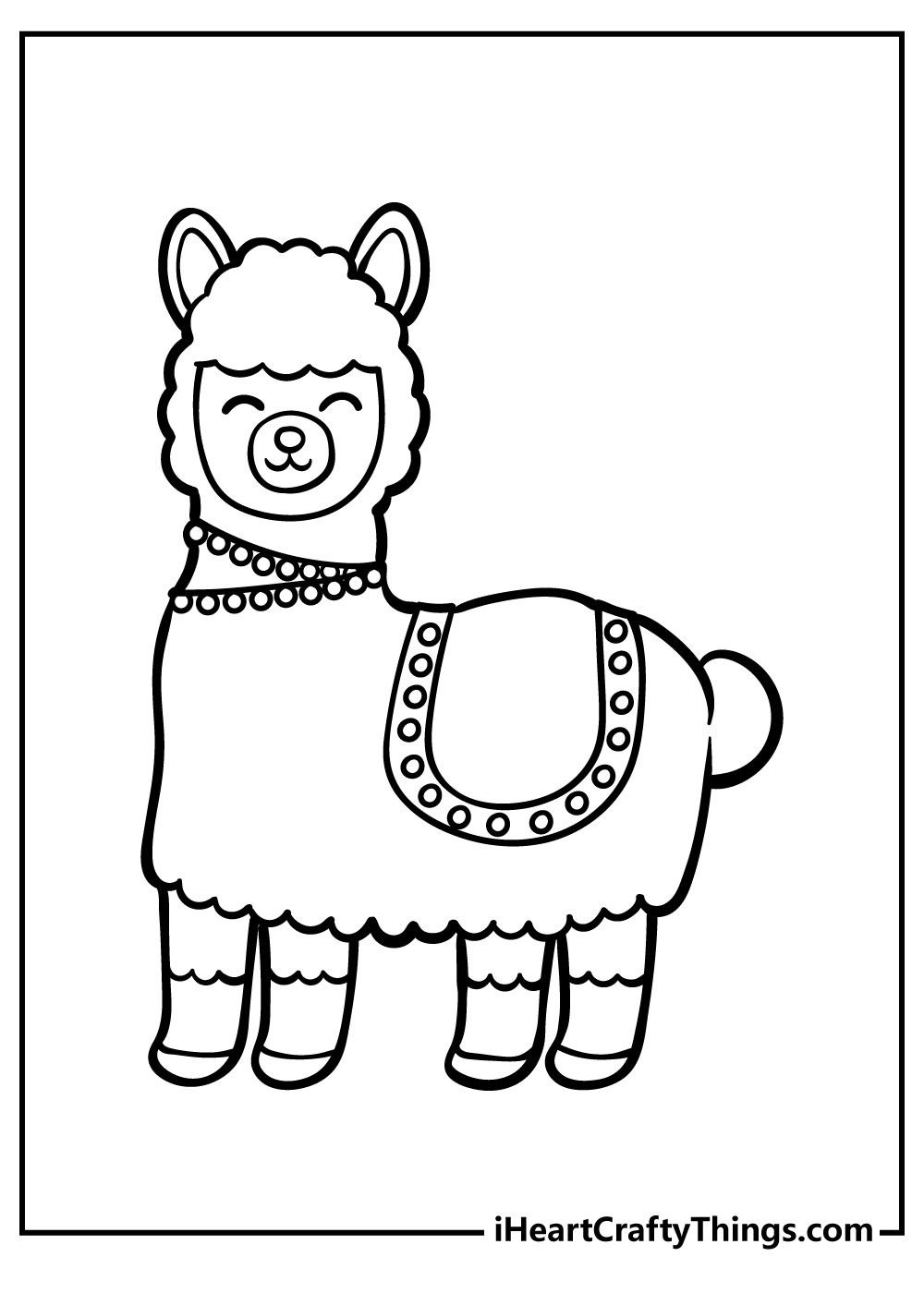 Printable page to color of an adorable llama wearing a nicely detailed saddle and necklace