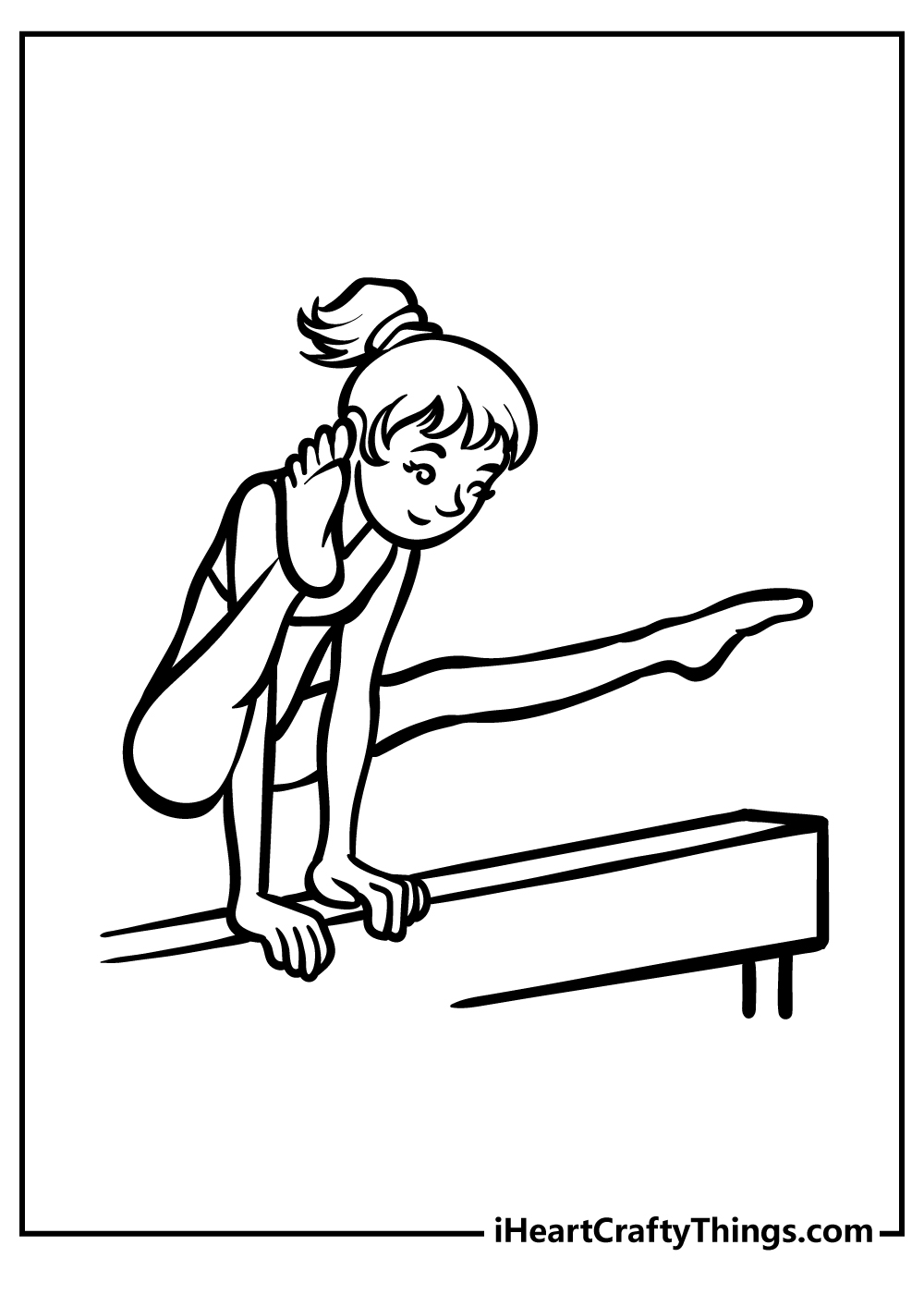 Gymnastics-themed coloring sheet featuring a happy young girl gymnast performing a really daring vault move