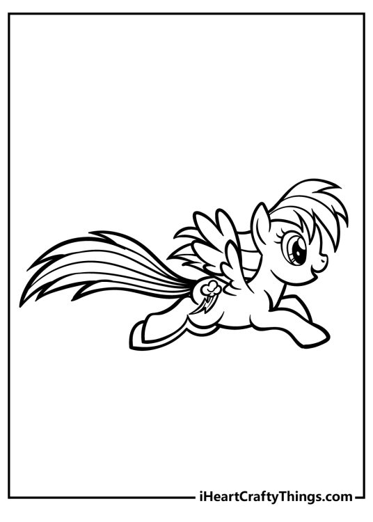 Detailed My Little Pony coloring picture featuring a side view of a Rainbow Dash in a mid-run
