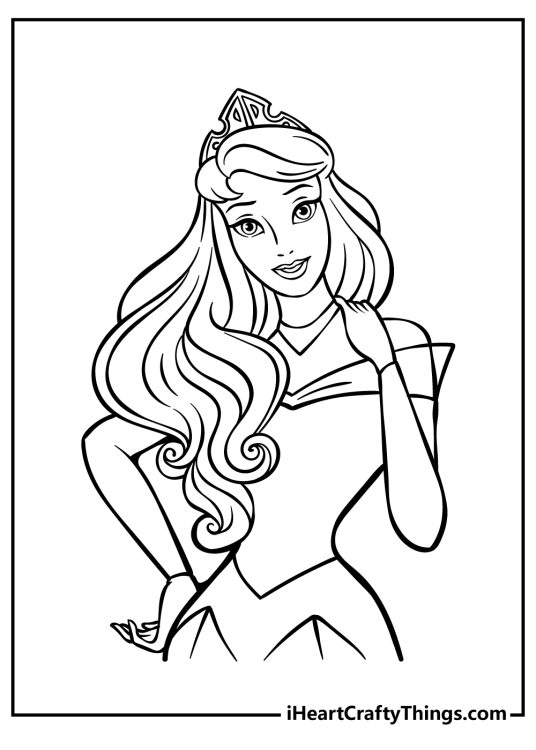 Sleeping Beauty-themed coloring page featuring portrayal of a beautiful long-haired princess wearing a crown