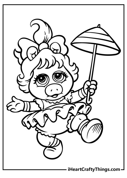 Coloring page of a baby Miss Piggy dressed in some fancy clothing holding small umbrella in her left hand
