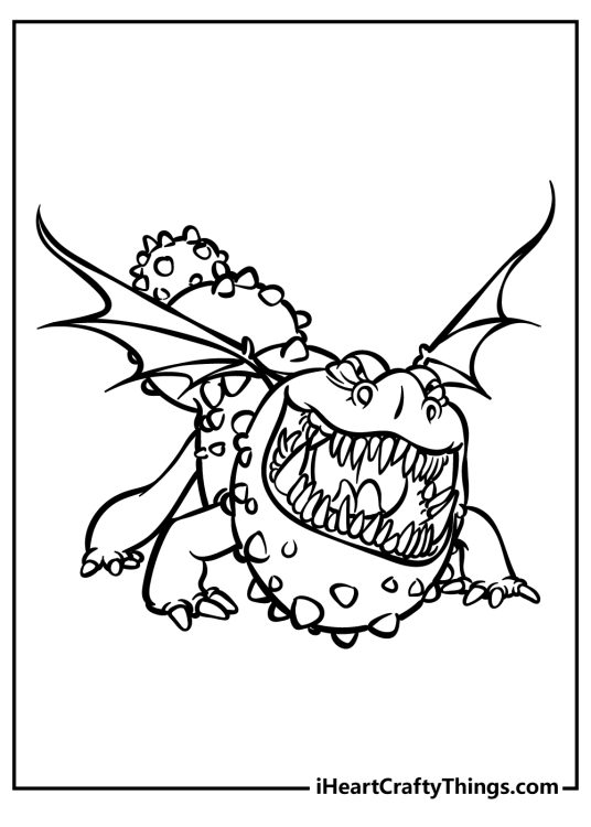Detailed coloring page of a scary-looking dragon with spikes all over its body and sharp teeth