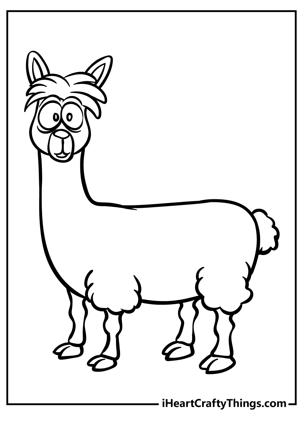 Free coloring page for children of a surprised cartoony llama with big round eyes