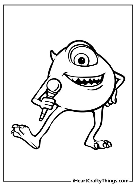 Coloring page for kids featurng Monsters Inc character Mike Wazowski holding a microphone