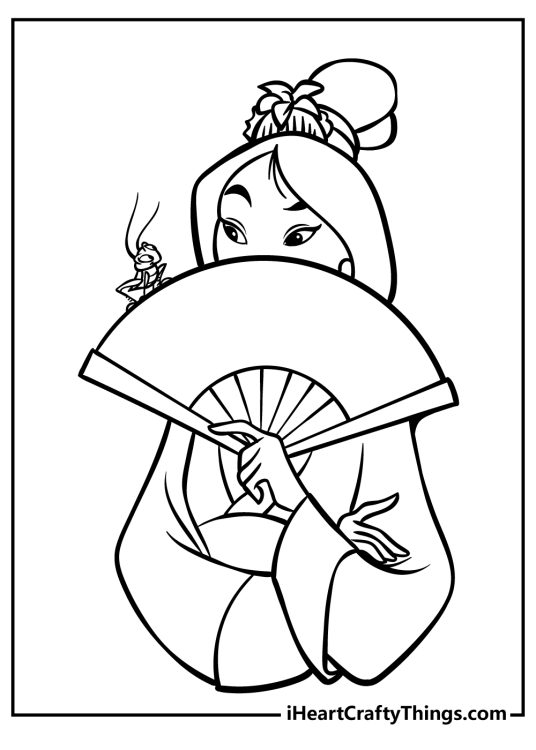 Coloring page presenting Mulan featured behind a traditional fan with Cri-Kee perched on it