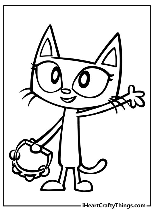 Pete The Cat-themed coloring picture featuring his friend Callie holding a tambourine