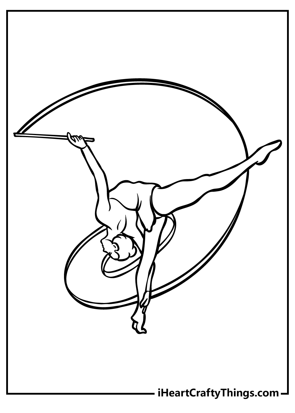 Gymnastics-themed printable pdf depicting girl gymnast twirling her spiral ribbon