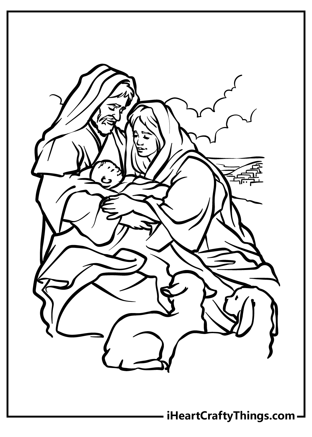 Detailed Nativity coloring page showing Mary and Joseph holding baby in their hands and two lambs in front of them