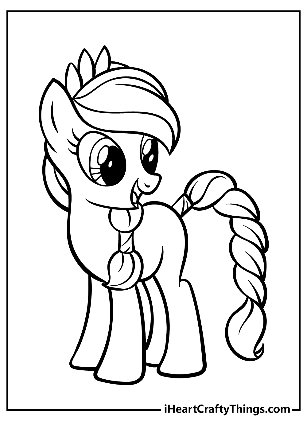 Coloring poster presenting different look of pony Rainbow Dash with her tail and hair braided