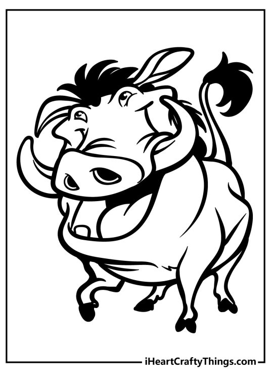 Lion King-themed printable coloring picture presenting funny character the warthog Pumba