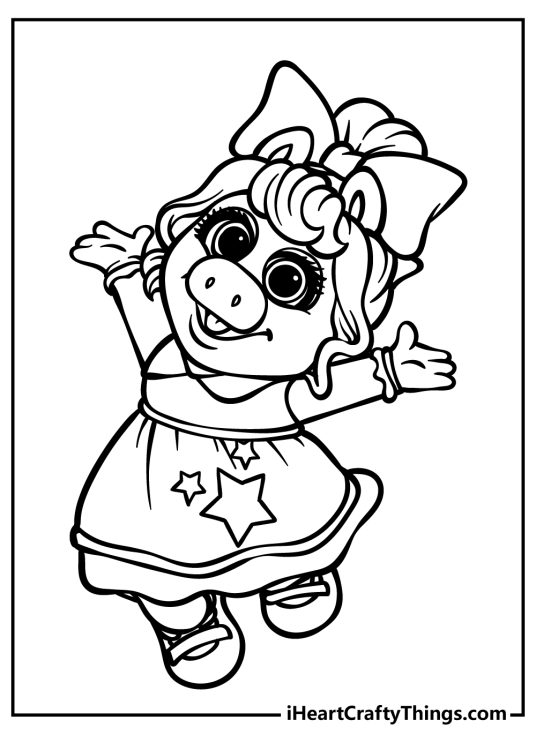 Printable page to color of a baby miss Piggy wearing a dress with stars on the skirt holding hands up