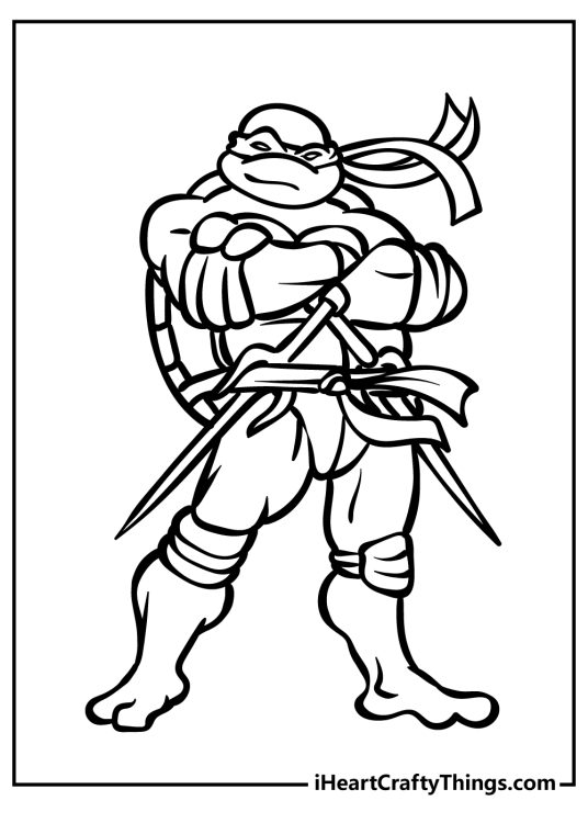 Ninja Turtles-themed coloring portrayal for kids of a Raphael posing with arms crossed