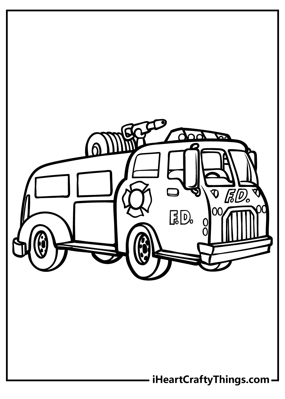 Free coloring image featuring an old-fashioned fire truck with a large hose nozzle at the top