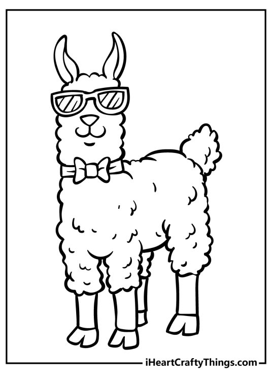 Free coloring picture for kids featuring elegant llama with sunglasses and a bo tie