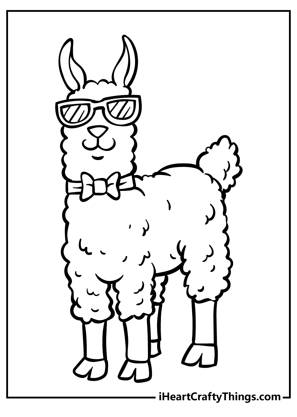 Free coloring picture for kids featuring elegant llama with sunglasses and a bo tie