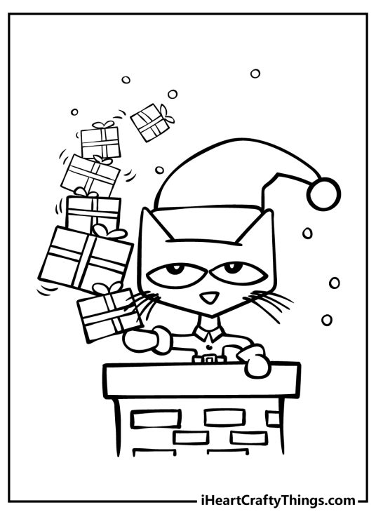 Coloring pdf featuring Pete The Cat ready to deliver a stack of Christmas gifts through the chimney