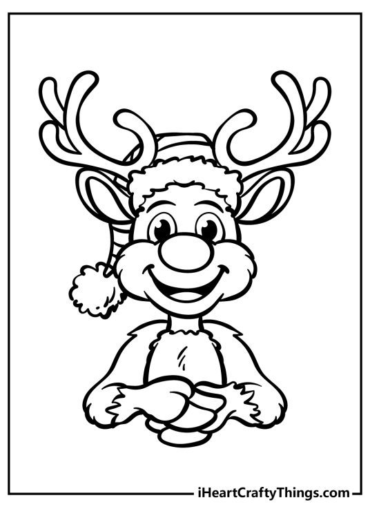 Printable page featuring portrayal of cheerful reindeer Rudolph wearing a Christmas hat