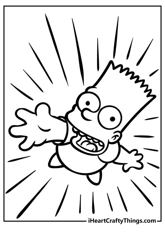 Simpsons-themed coloring poster featuring view from above of a Bart surrounded by lots of lines