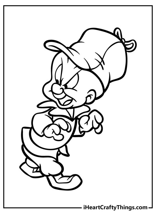 Looney Tunes coloring printable featuring annoyed-looking Elmer Fudd with clear background