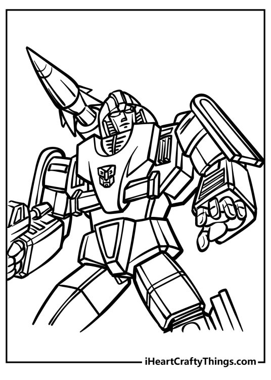 Coloring page featuring Transformers character with a massive rocket on the shoulder