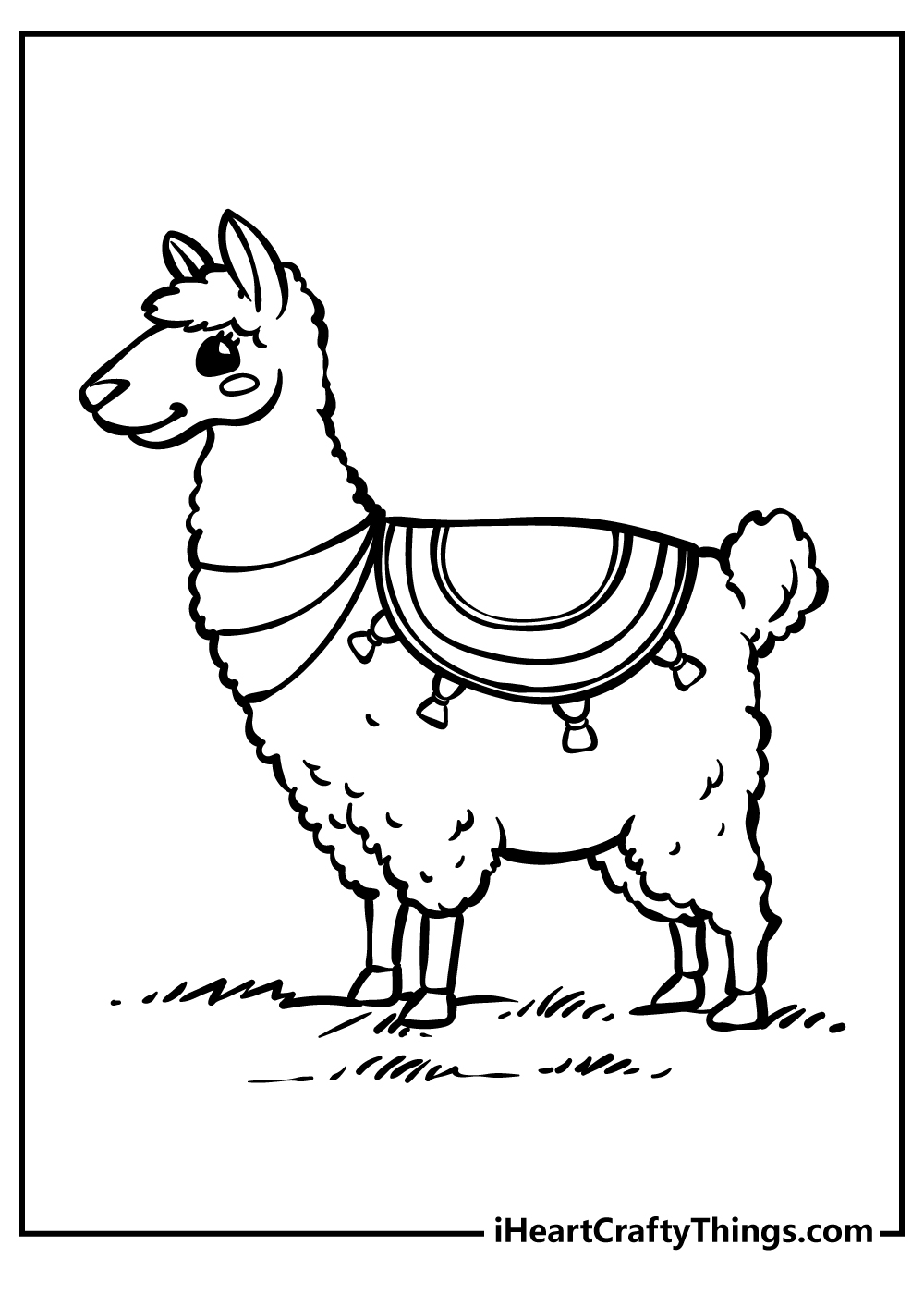 Free coloring poster featuring llama with big expressive eyes and fluffy tail posing on a meadow