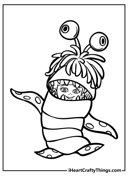 Black-and-white printable sheet featuring Boo from Monsters Inc drawn in a detailed style