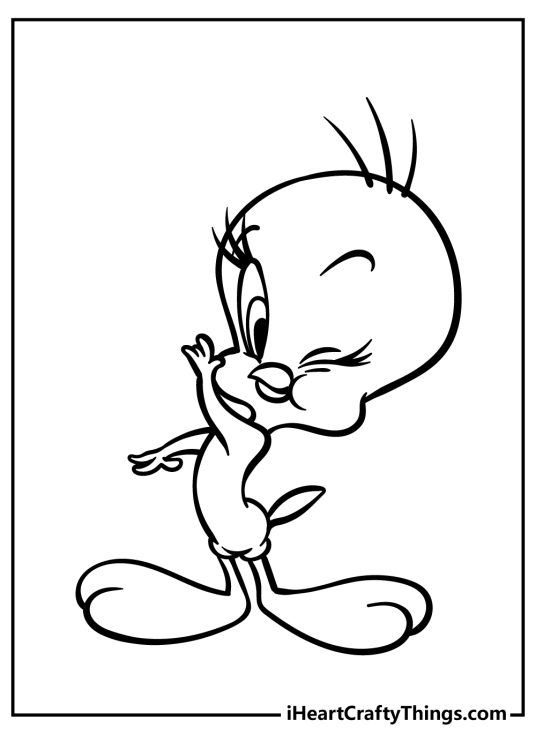 Coloring picture for children featuring Tweety Bird from Looney Tunes winking to us
