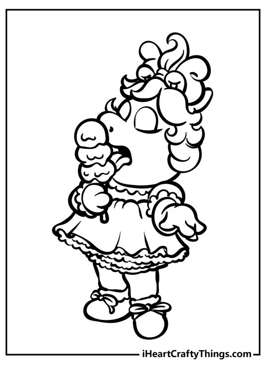 Muppet Babies coloring page featuring Miss Piggy enjoying a three-layers ice cream