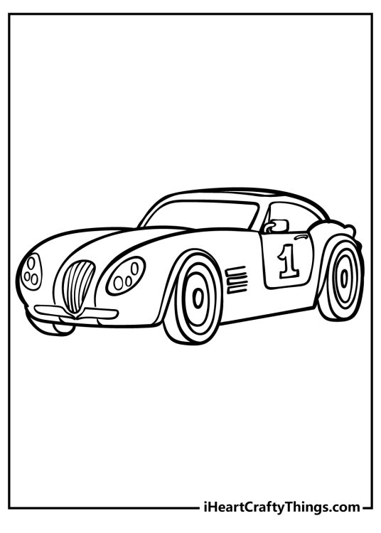 Coloring image for children presenting vintage design race car with number 1 on the side