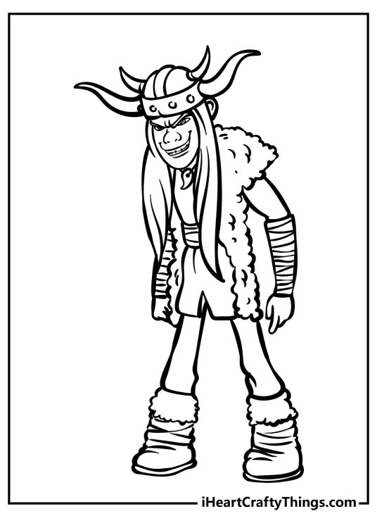 Coloring page of a mischievous Tuffnut from How to Train Your Dragon wearing horn helmet