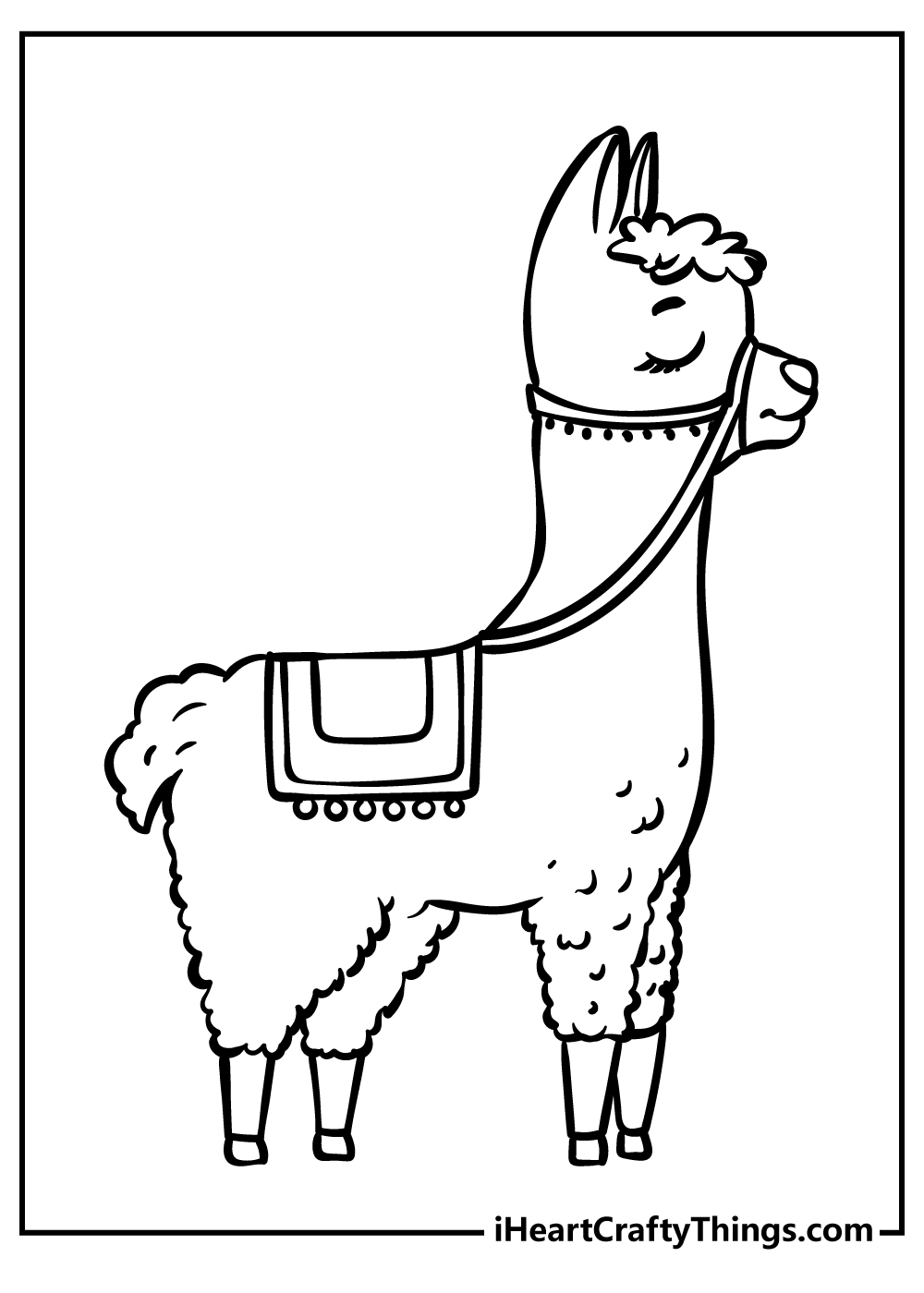 Printable pdf for kids featuring happy young llama standing calmly with eyes closed