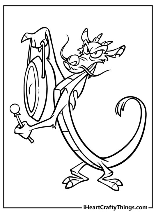 Mulan-themed printable coloring page featuring dragon Mushu holding a gong with clear background