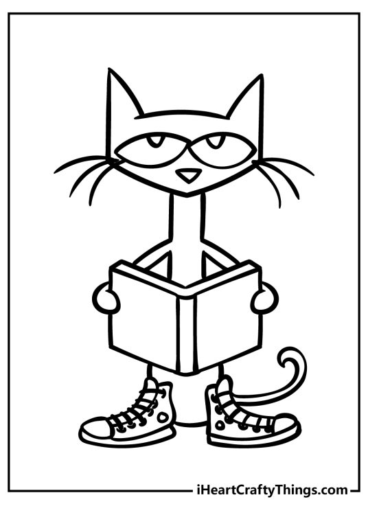 Free coloring image for kids presenting Pete The Cat reading a book with blank background