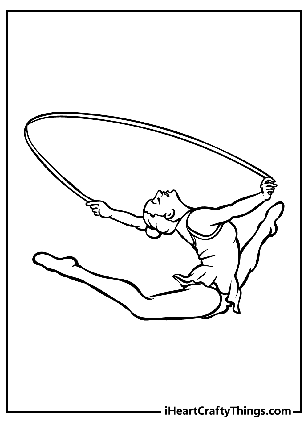 Free printable coloring page featuring girl gymnast performing a jump with the rope