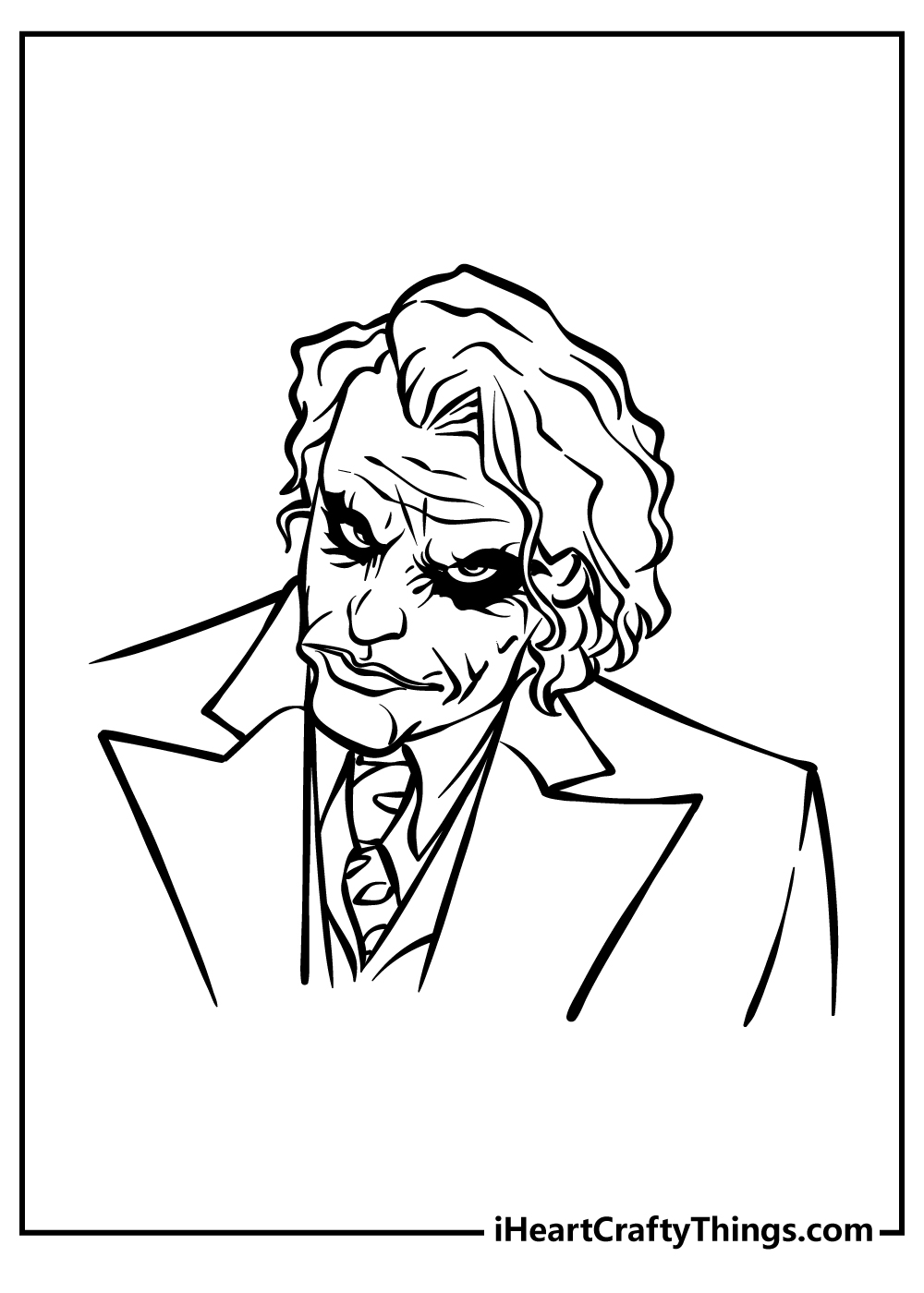 Detailed coloring page featuring Joker portrayal by Heath Ledger in The Dark Knight