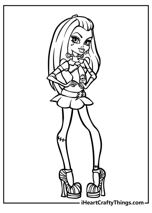 Black-and-white image presenting Monster High character Frankie Stein striking a cool pose