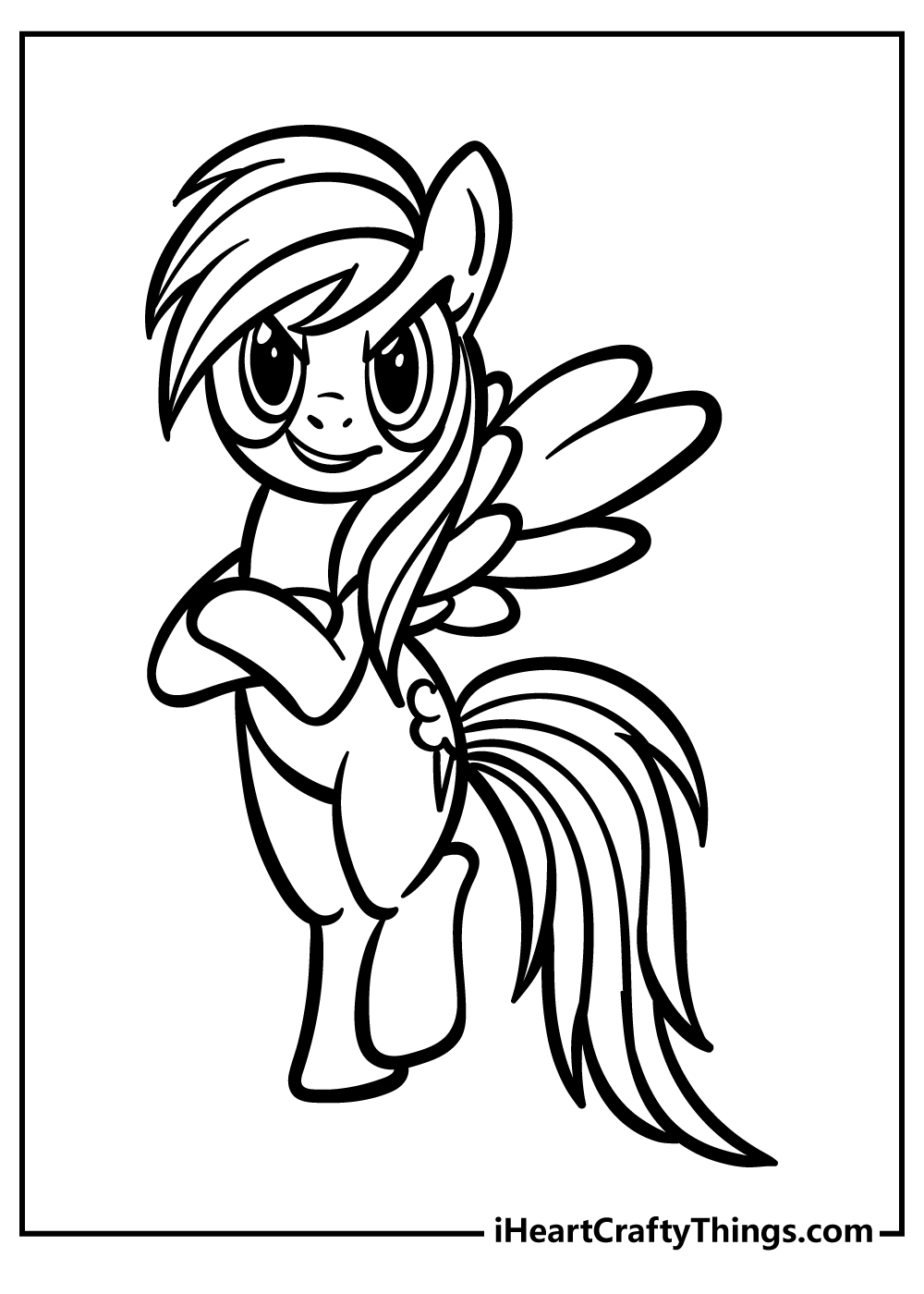 Coloring page of a pony Rainbow Dash standing on her hind feet with fore feet crossed