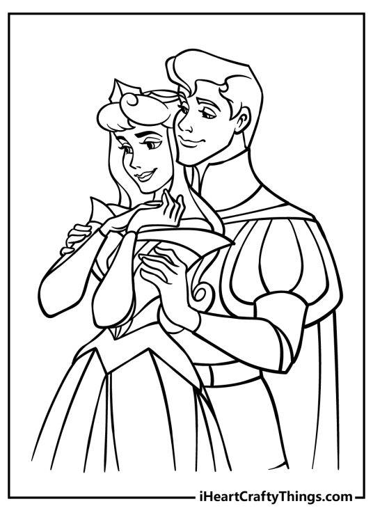 Sleeping Beauty-themed printable coloring image featuring loving moment between the main characters