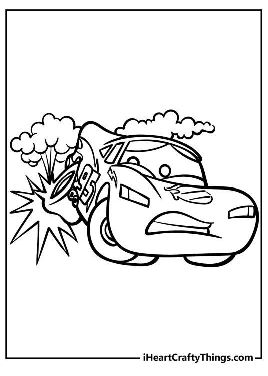 Detailed coloring sheet presenting Lightning McQueen with bursting tire while racing
