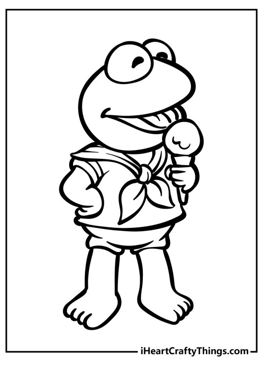 Detailed printable of a baby Kermit in his signature clothes enjoying an ice cream