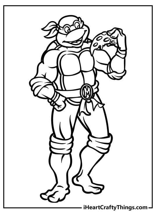 Black-and-white image featuring cheerful Michelangelo from Ninja Turtles enjoying a slice of pizza