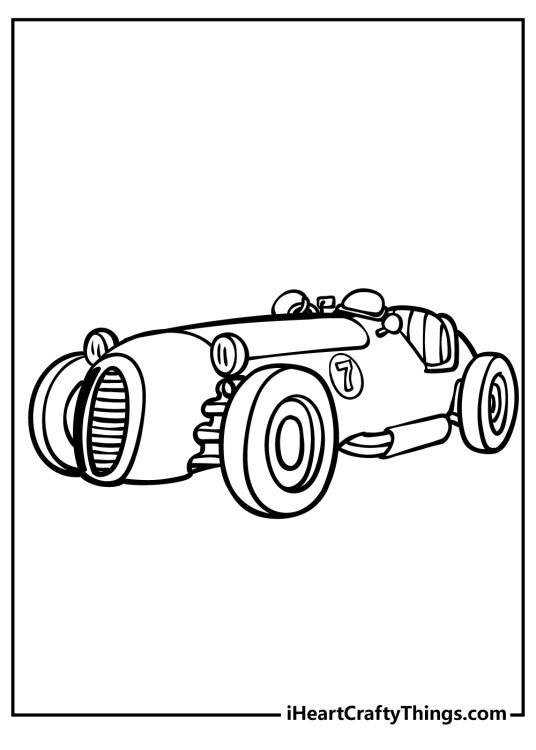 Race car-themed picture featuring old-fashioned roofless vehicle with number 7 on its side
