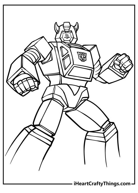 Free coloring printable page presenting Transformers character posing with clenched fists